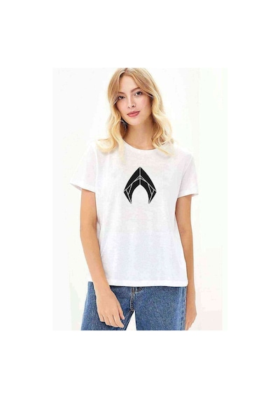 Aquaman Symbol Stencil Thumb Baskılı Beyaz Kadın Tshirt