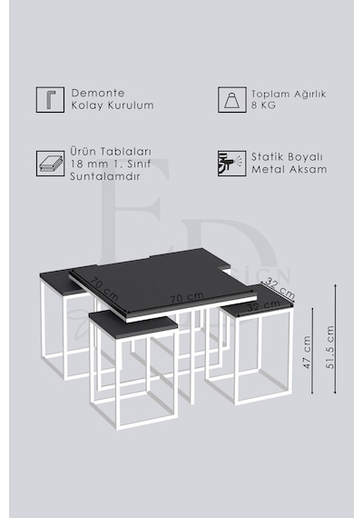 Lizbon 4+1 Kare Sehpa Takımı Siyah Metal - Atlantik Çam Tabla