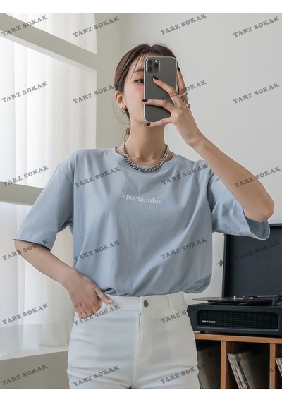 Flood Of Style Unisex Bay Harfli Grafik Düşük Omuzlu Tişört Kod-1341 Mavi