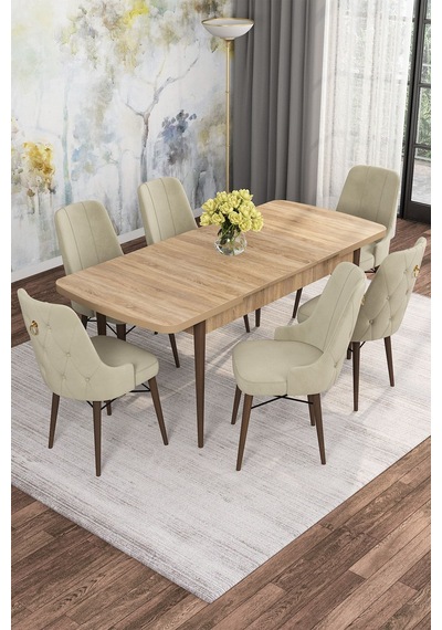 Mona Meşe Desen 80x132 Açılabilir Mdf Masa Yemek Odası Takımı, Mutfak Takımı 6 Adet Sandalye Meşe Masa - 6 Krem - Ceviz Ayak Mona Meşe Desen 80x132 Açılabilir Mdf Masa Yemek Odası Takımı, Mutfak Takımı 6 Adet Sandalye Meşe Masa - 6 Krem - Ceviz Ayak