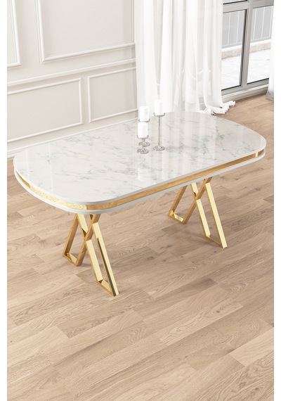 Lindia Serisi 90x168 Lak Panel Beyaz Mermer Desen Gold Ayaklı Masa Takımı 6 Krem Sandalye Lindia Serisi 90x168 Lak Panel Beyaz Mermer Desen Gold Ayaklı Masa Takımı 6 Krem Sandalye