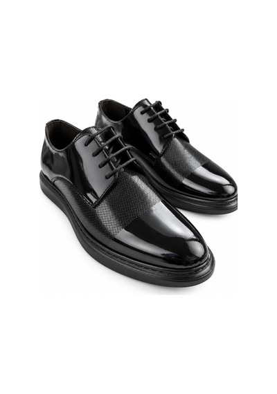 Yalçın Shoes Erkek Siyah Parlak Suni Deri Bağcıklı Klasik Ayakkabı Dokulu Ön Yüzey, Kalın Taban Damatlık Ayakkabı Siyah - 933647984 Siyah