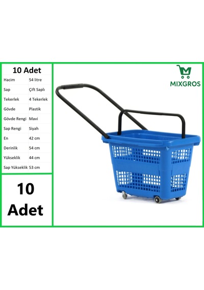Tekerlekli Plastik Market Alışveriş El Sepeti 54 Litre Mavi 10 Adet