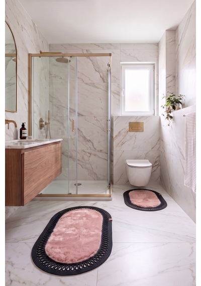 Banyo Paspası Takımı 60x100+40x60 Cm İç Trikot Pembe & Siyah