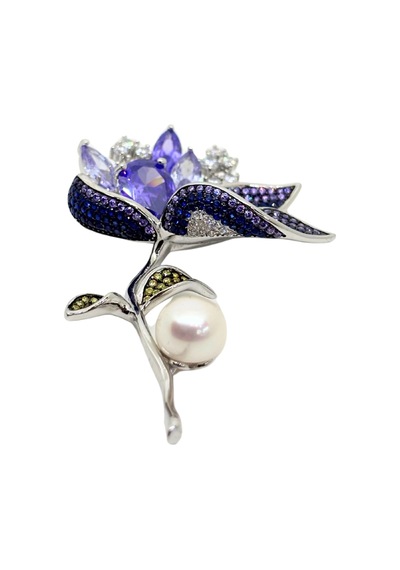 Oya Silver İri Ametist Safir Zirkon Taşlı İnci Detaylı Gümüş Çiçek Broş Yaka İğnesi 7x4.2cm F74206mq517 Lacivert