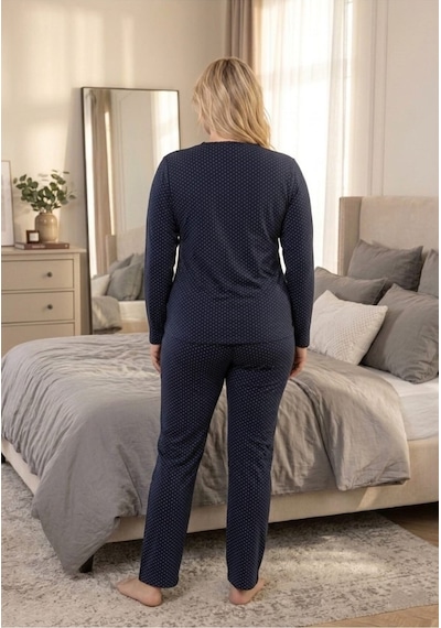Eyfuze Kadın Büyük Beden Desenli Yakası Düğmeli Uzun Kollu Bambu Pijama Takımı Mavi