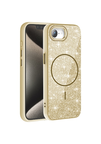 Apple Uyumlu  iPhone 16e Kılıf M-safe Şarj Özellikli Parlayan Simli Zore Okso Kapak Gold