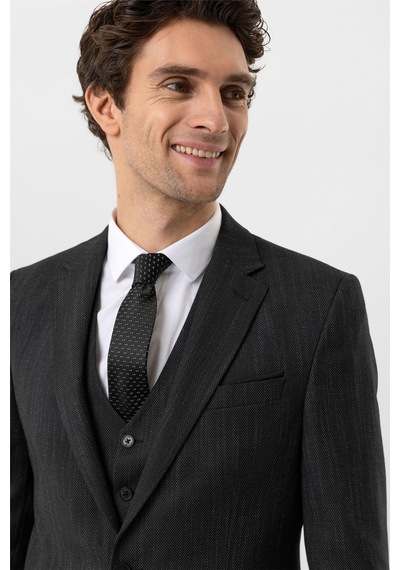 Süvari Siyah Slim Fit Desenli Mono Yaka 6 Drop Yelekli Klasik Takım Elbise-35634 Siyah