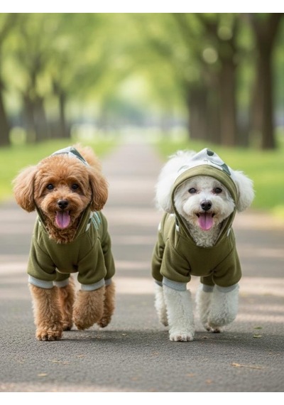 Kamuflaj Desenli Köpek Tulumu Kapüşonlu Pamuklu Polar Kumaş Haki Yeşil Küçük Irklar İçin