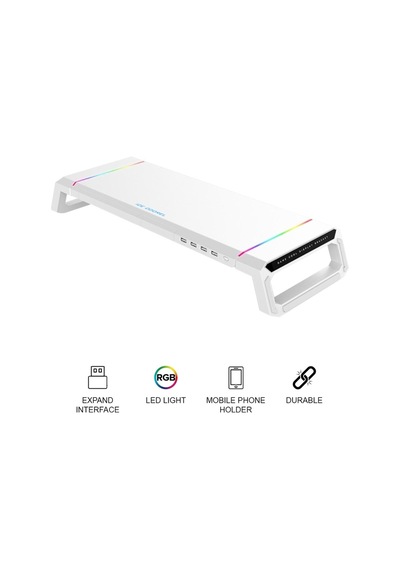 Laptop Sehpası Rgb Işıklı Mönitör Standı Ekran Altlığı 4 Usb Hub Telefon Tutuculu Beyaz
