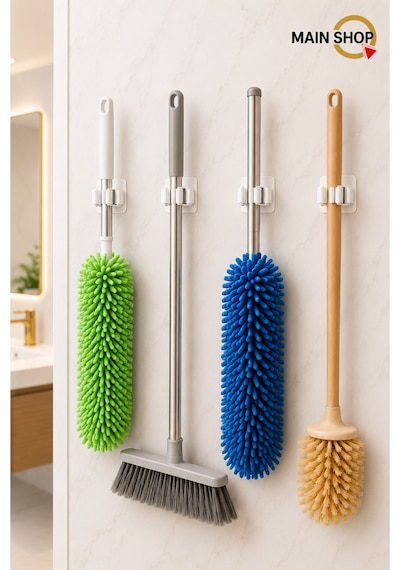 Mainshop 4 Lü Ekonomik Paket Mop Süpürge Tutucu - Yapışkanlı Delmesiz Paspas Askısı M-310 Beyaz