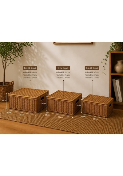 Morponi 3'lü Kapaklı Hasır Rattan Organizer Sepet Shr4404 Sarı