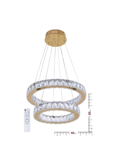 Ala Lighting Plaket Kristal Taş İşlemeli Gold Paslanmaz 2 Halka Led Avize Kumandalı Modern Sarkıt Avize Altın - Gold