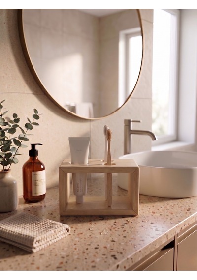 Nestwoodtr Ham Doğal Ahşap Minimal Banyo Düzenleyici, Diş Fırçalık - Macunluk, Diş Fırçası Standı Ham Ahşap