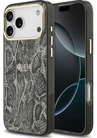 Apple Uyumlu iPhone 17 Pro Max  Kılıf Guess Lisanslı M-safe Özellikli Yazı Logolu Python Desen Kapak Siyah Siyah