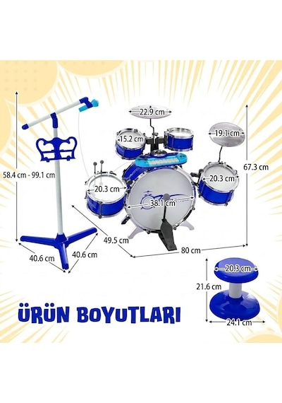 Mikrofonlu Işıklı Sesli Bateri Seti - Piyanolu Tabureli & Bagetli Eğitici Çocuk Bateri Takımı - Mavi