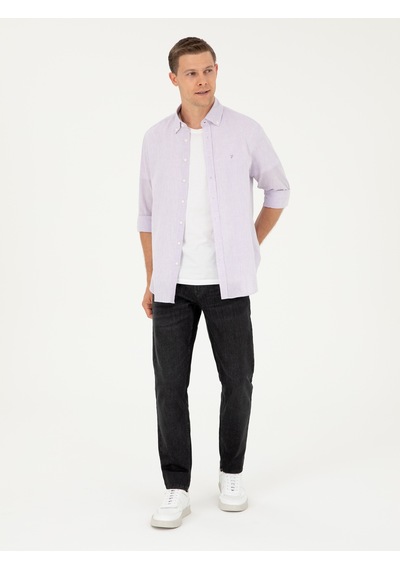Cacharel Lila Slim Fit Keten Karışımlı Gömlek Pembe