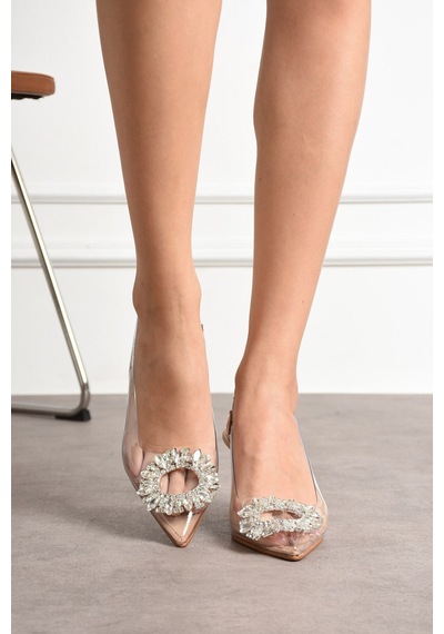 Dabab Shoes Kadın Bej Şeffaf Taşlı Yandan Lastikli Palma Model İnce Topuklu Ayakkabı
