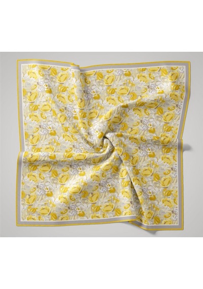 Silk Home Organik Pamuk İpek Eşarp Sarı-beyaz Desenli Tok Duruşlu 90x90 Çok Renkli