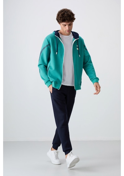 Tommy Life Deniz Yeşili - İndigo Pamuklu Kalın Yumuşak Dokulu Comfort Fit Baskılı Erkek Eşofman Takım - 85236 Lacivert - Yeşil
