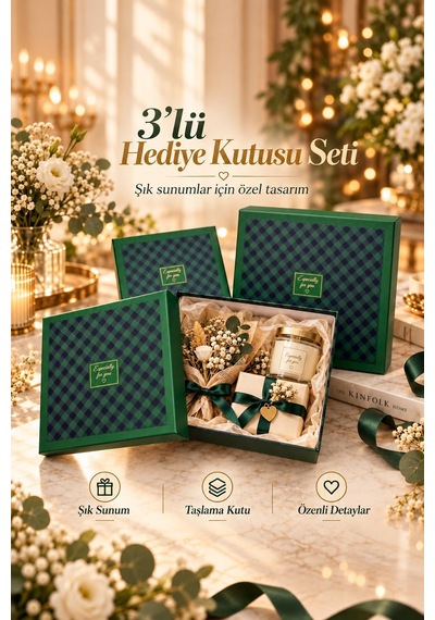 Kolix Hediyelik 3'lü Dekoratif Kutu Yeşil-siyah İskoç Desen Premium Paketleme Kutusu
