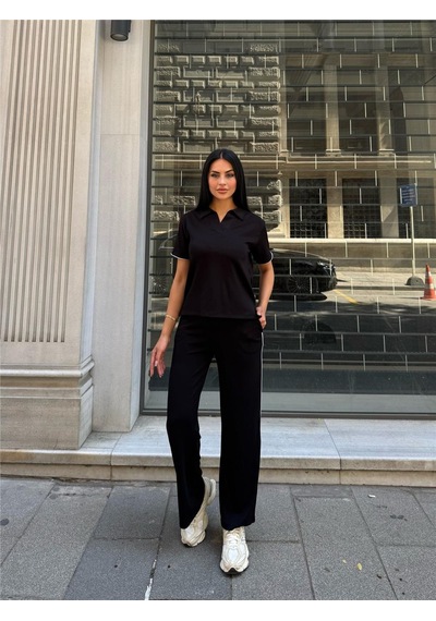 WeShaya Siyah Polyester Keten Polo Yaka Takım Siyah