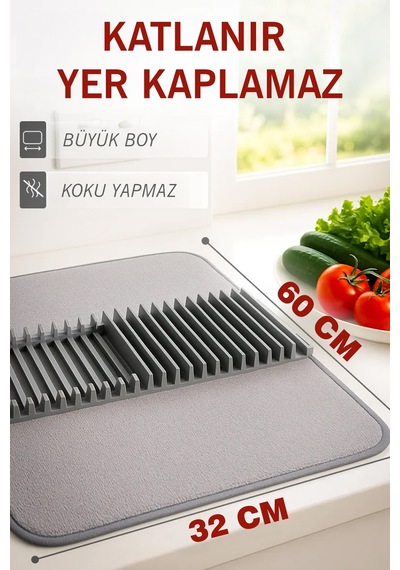 Katlanabilir Bulaşıklık 2 Katlı Büyük Boy Mikrofiber Matlı Tezgah Üstü Kurutmalık Organizer Gri