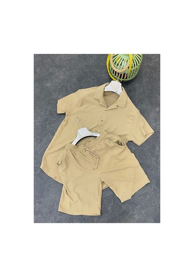 Mcz Vizon Renk Bürümcük Kumaş Slim Fit Erkek Şort - Gömlek Alt Üst Takım