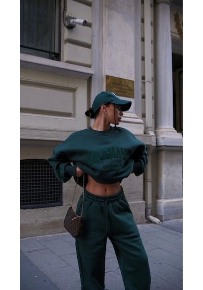 Defymoda Bisiklet Yaka Nakış İşlemeli Üç İplik Sweat Takım - Yeşil Yeşil