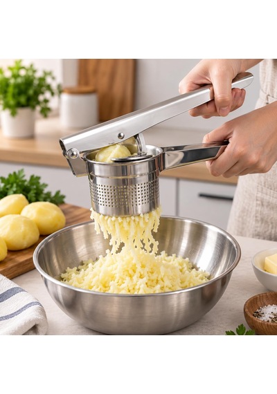 Paslanmaz Çelik Manuel Patates Ezici Ve Pres Uzun Saplı Delikli Hazneli Patates Püresi Aparatı, Pratik Mutfak Gereci