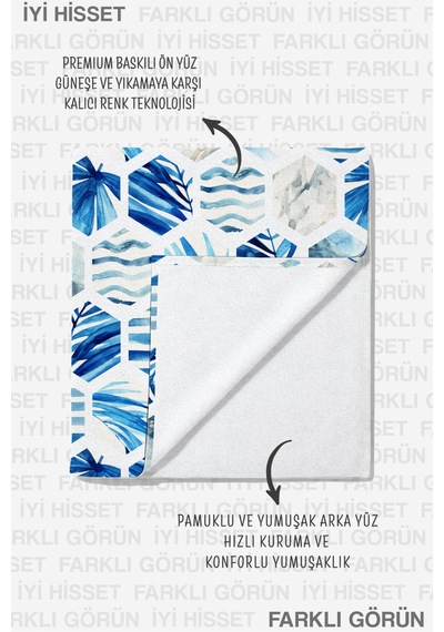 Mavi Tropikal Geometrik Plaj Havlusu - Modern Marine Altıgen Hızlı Kuruyan Mikrofiber Havlu Kuru Tozu