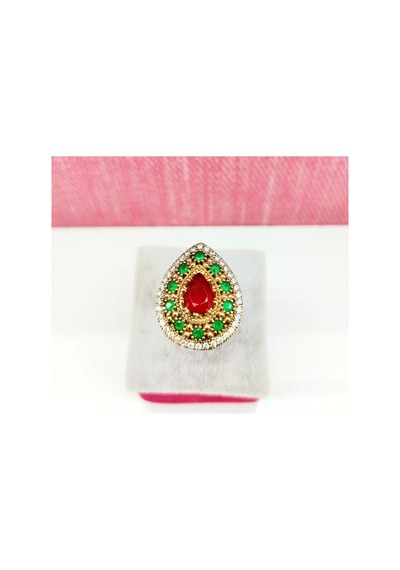 Oriental Kuyumculuk Jewellery Zümrüt Ve Yakut Taşlı Otantik Damla Modeli Gümüş Yüzük Kırmızı