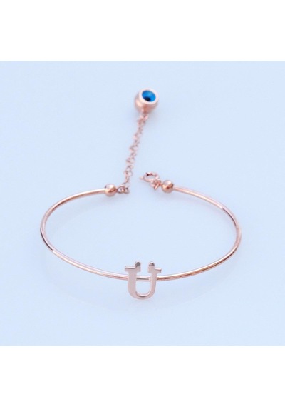 Rose Gold Kaplama Nazar Boncuklu Ü Harfi Gümüş Bileklik Gümüş