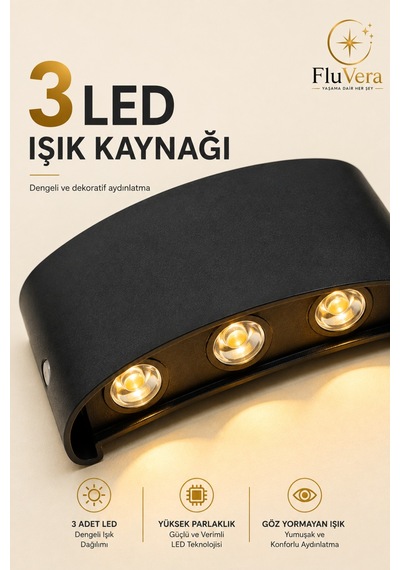Pilsiz Amber 3 Led Siyah Duvar Apliği Yukarı Aşağı Işık Dekoratif Led Duvar Lambası Modern İç Dış Mekan Siyah
