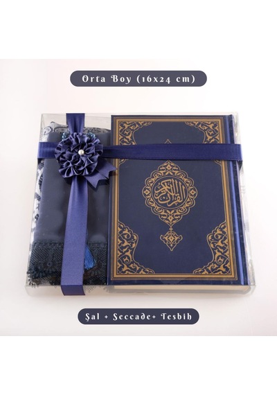 Şal + Seccade + Tesbih + Kuran Hediye Seti Orta Boy, Ekonomik Cilt, Lacivert