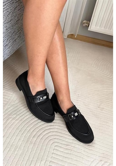 Kadın Marie Siyah Triko Metal Tokalı Kadın Loafer Günlük Makosen Ayakkabı