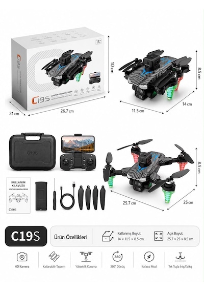C19s Akıllı Drone Göz Alıcı Led Işıklı Yörünge Uçuş Wifi Cam Telefondan Kontrol Elektirikli Kamera 90 Derece Kamera Ayarı Sabit Uçuş