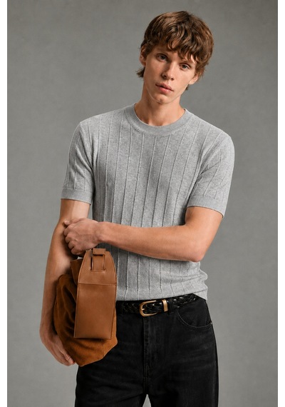 Cool Tarz Erkek Çizgili Triko Tişört Bisiklet Yaka Slim Fit Kısa Kollu Gri Gri