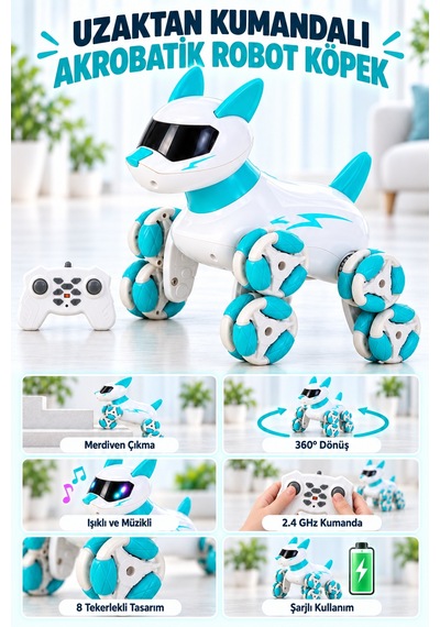 Uzaktan Kumandalı Şarjlı Mavi Beyaz Akrobatik Robot Köpek Işıklı Ve Müzikli