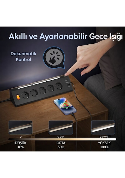 5 Li Köşe Priz 2 Usb-a 2 Usb-c Girişli 2 Metre Kablolu Gece Işıklı Akım Korumalı Masaüstü Çoklu Priz 3680w 1 - 3 M