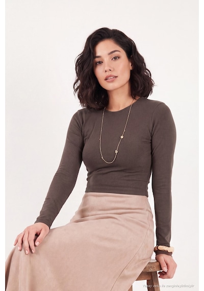 Lela Pamuklu Bisiklet Yaka Crop Bluz Kadın Bluz 5867060 Kahve