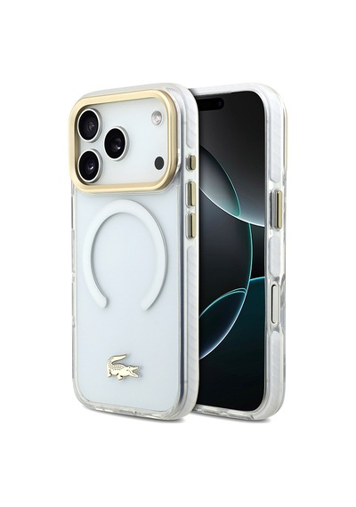 Apple Uyumlu iPhone 17 Pro Kılıf Lacoste Lisanslı M-safe Özellikli Gold Timsah Logolu Buzlu Kapak Beyaz Beyaz