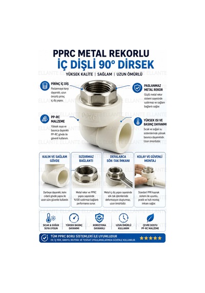 Pprc Metal Rekorlu İç Dişli 90 Dirsek 20 Mm X 1/2" Pirinç Rekorlu Sızdırmaz Tesisat Bağlantısı Çok Renkli
