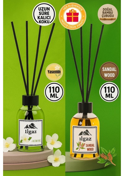 Ilgaz Jasmine Bambu Çubuklu Oda Kokusu 110 Ml & Sandal Ağacı Bambu Çubuklu Oda Kokusu 110 Ml 2'li Ortam Kokusu Seti Yasemin - Sandal