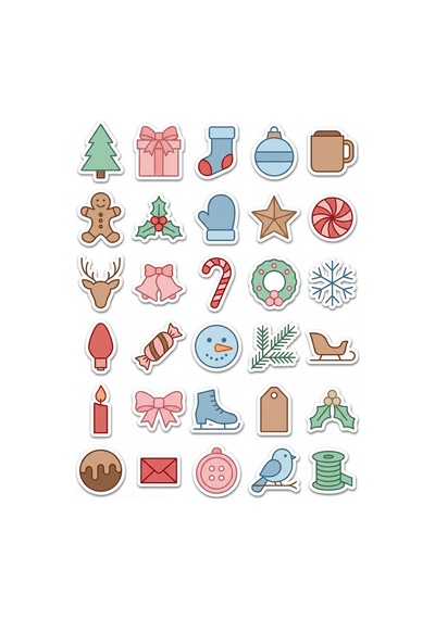 30 Adet Minimalist Yılbaşı Sticker Seti - Ajanda Defter Telefon İçin Kış Teması Çok Renkli