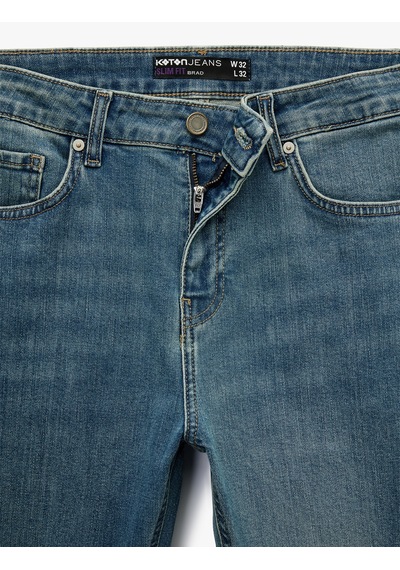 Koton Normal Bel Yıpratmalı Pamuklu Slim Fit Jean Pantolon - Brad Jean Petrol 6wam40014ıd Petrol