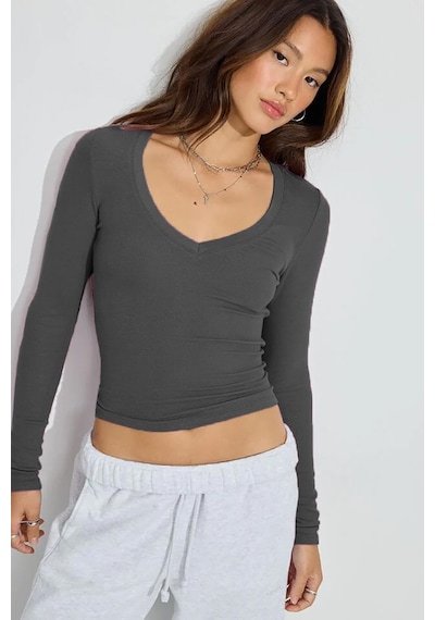 Madmext Füme V Yaka Uzun Kollu Kaşkorse Body Mg2192 Füme