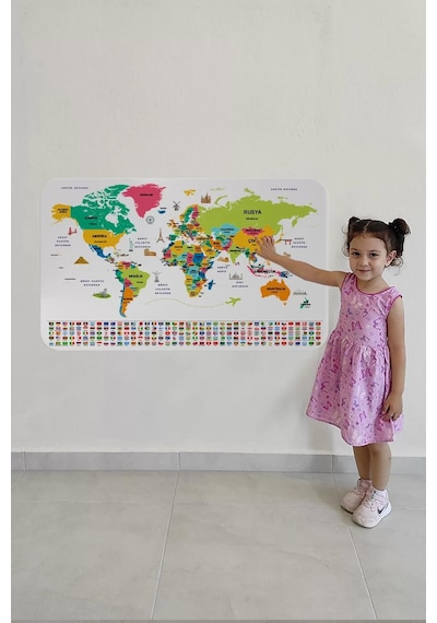 Türkçe Ülke Bayrak Lı Eğitici Başkent Detaylı Atlası Dünya Haritası Duvar Sticker -60x105-3860 Renkli