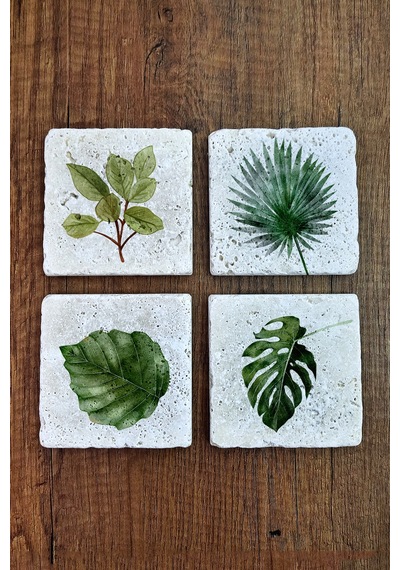 Yeşil Bitkiler, Yaprak Temalı Doğal Taş Bardak Altlığı - Stone Coasters Çok Renkli