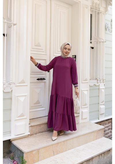 Hb Harma Time Butik Kadın Kat Kat Ribanalı Fuşya Tesettür Elbise